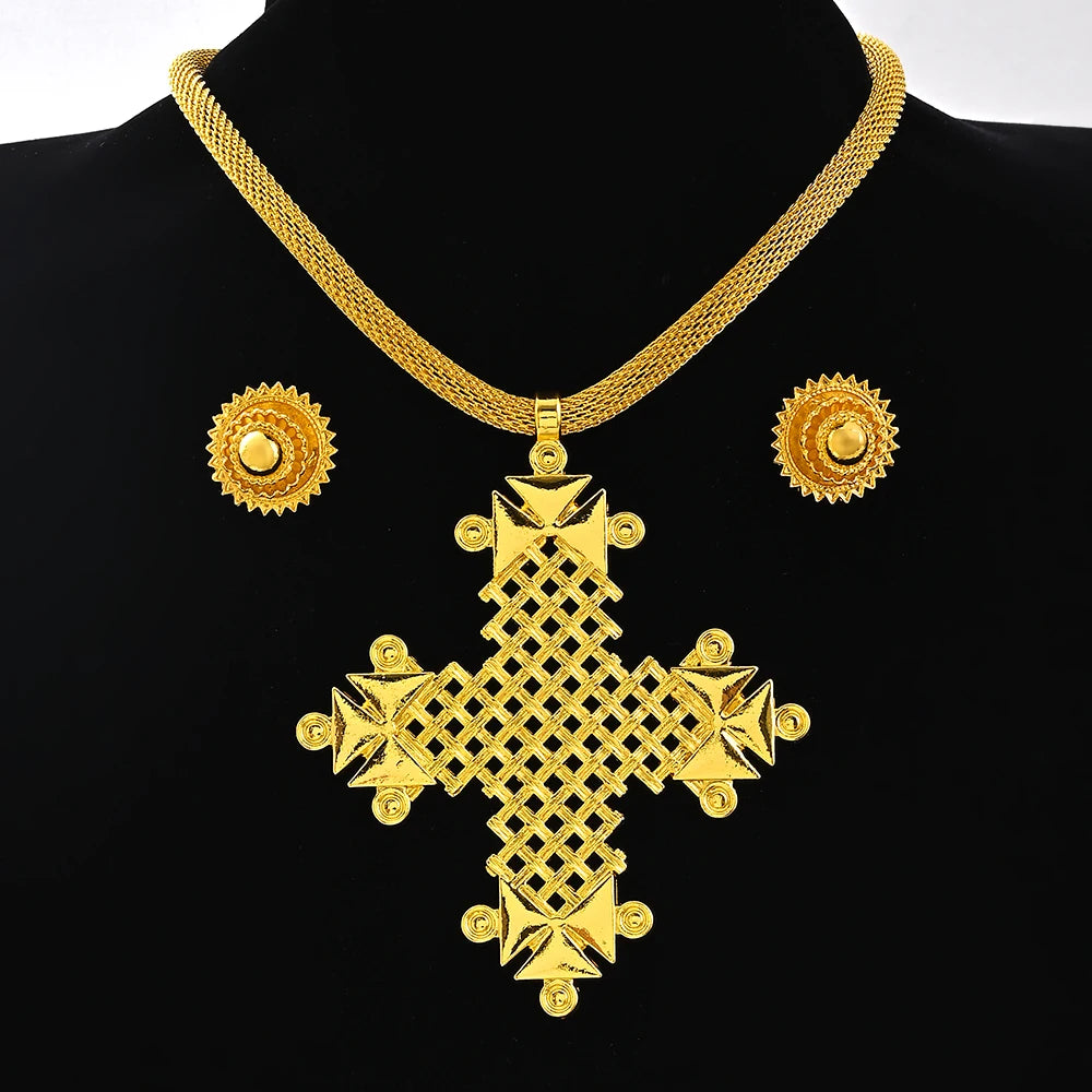 Saudi Arabia 24K Gold Color Ethiopia Women Jewelry Necklace Earring African Arab Bridal Set Habesha Eritrea Party Gift