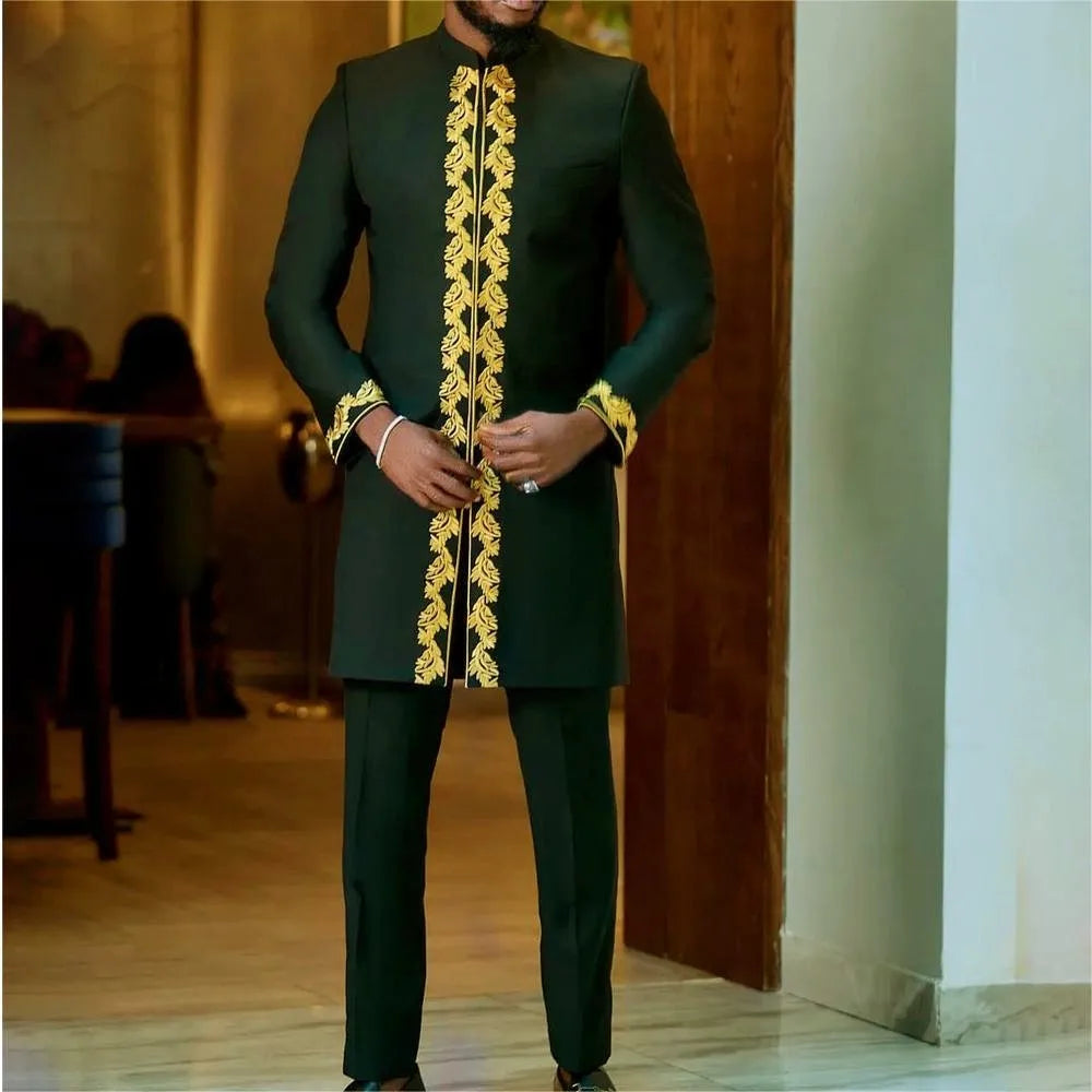 New Men's Tenos Wedding 2-Piece Suit Waist Pants Shirt Solid Color Panel Long Sleeve Party African Ethnic Style Clothing (M-4XL)
