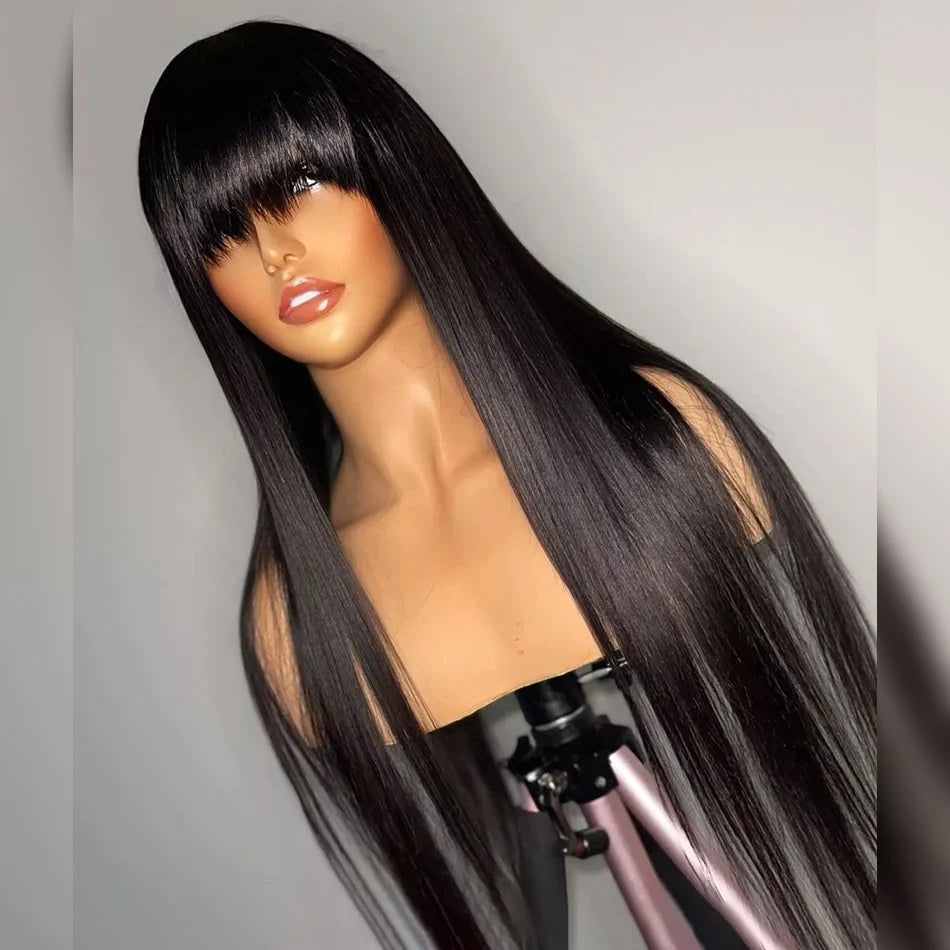 Silky Straight Human Hair Wigs With Bang Full Machine Made Wigs 8-30inch Natural Color AHJF Peruvian Remy Human Hair Wigs 180%