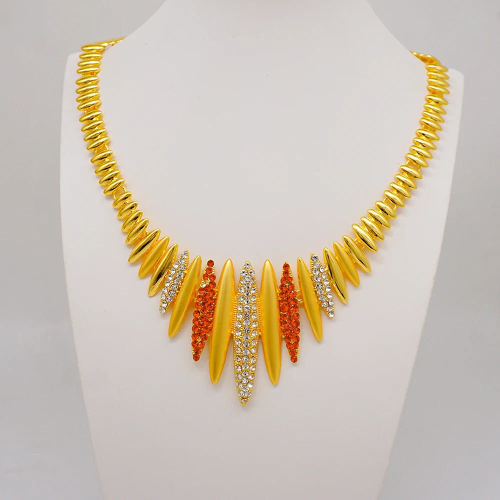 Trendy Nigerian Dubai Gold Color Jewelry Set For Women Tassel Long Chain Bridal Long Necklace Bracelet Earring Ring Wedding Sets