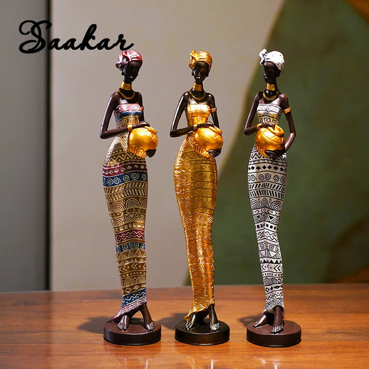 SAAKAR Resin Painted Black Statue Decor Figurines Retro African Women Holding Pottery Pots Home Bedroom Desktop Collection Items