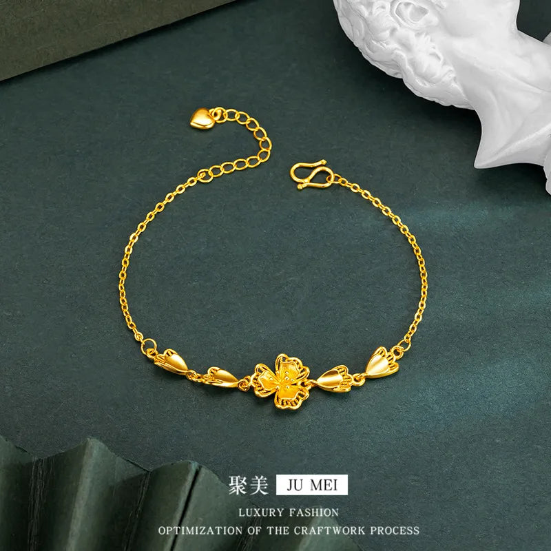 Luxury 24K 9999 Pure Gold real gold Gold Store Same Petal Tassel Lilac Set Chain Bracelet Women's Engagement Ring Bracelet