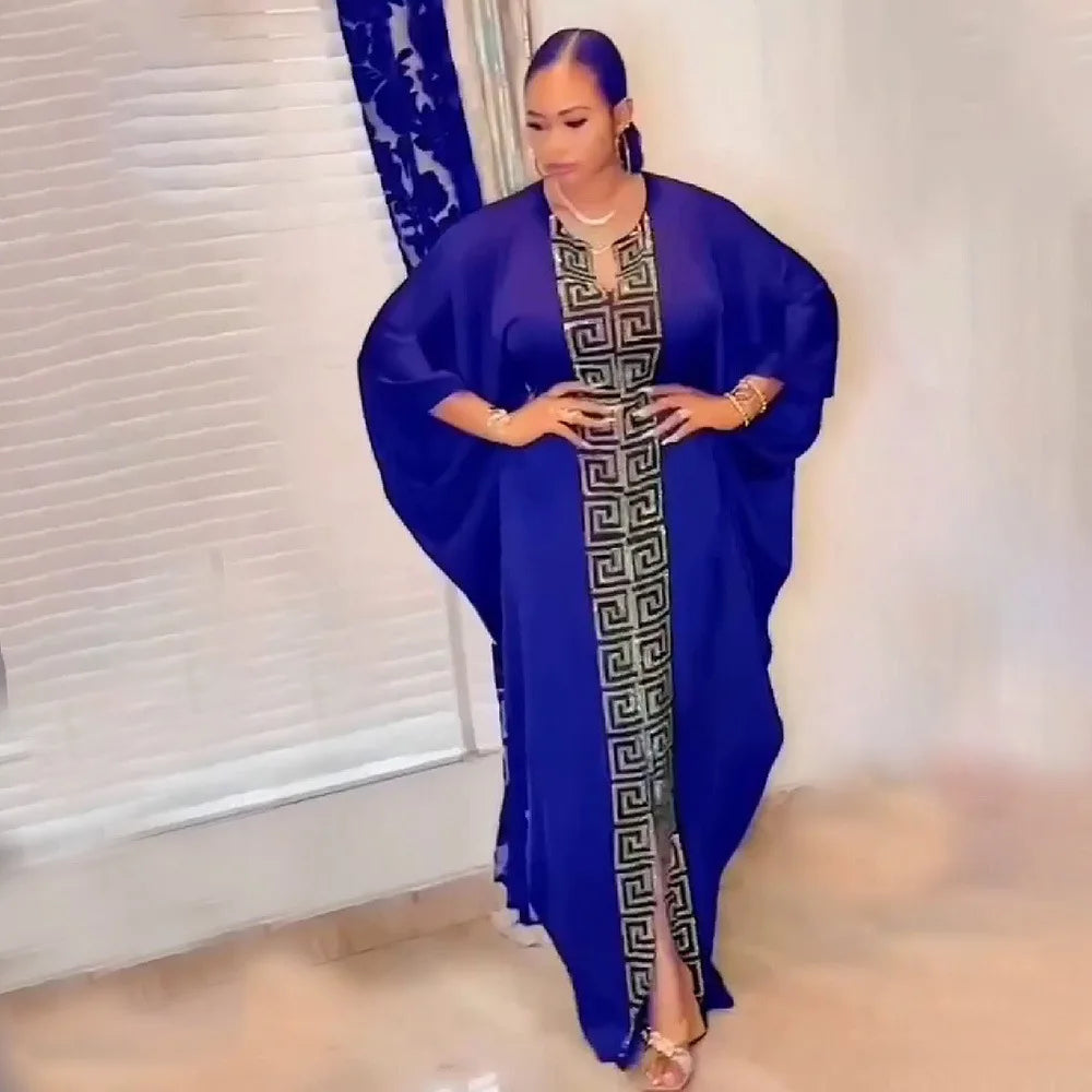 2025 High Quality African Women Plus Size Dress Bat Sleeve V Neck Robes Diamond Dashiki Maxi Dresses Muslim Femme Elegant Abayas