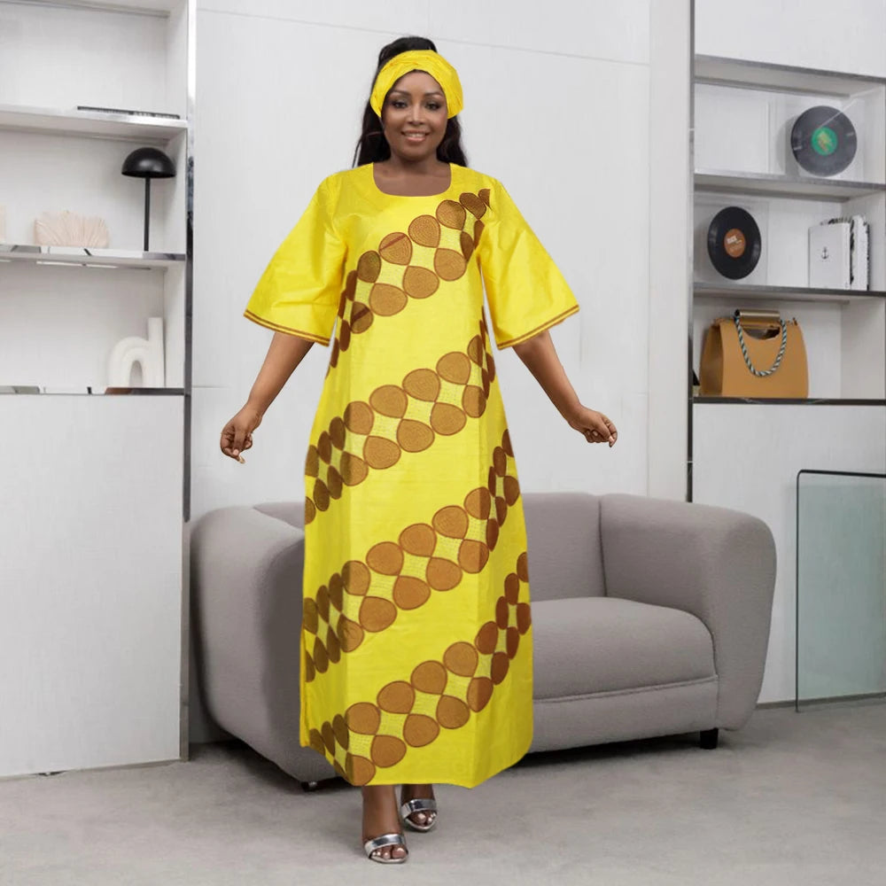 H&D New African Dresses For Women Embroidery Bazin Floral Dresses Ankara Rich Long Robes Nigeria Party Wedding Ramadan