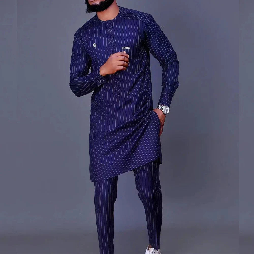 New Men's Tenos Wedding 2-Piece Suit Waist Pants Shirt Solid Color Panel Long Sleeve Party African Ethnic Style Clothing (M-4XL)