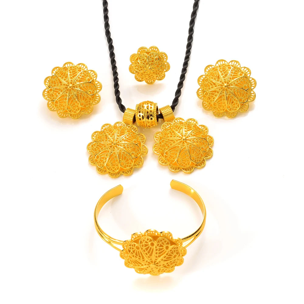 Ethiopian Gold Plated Bridal Jewelry Sets Necklace Earrings Bangle Ring Gifts Wedding Jewellery Set For Women