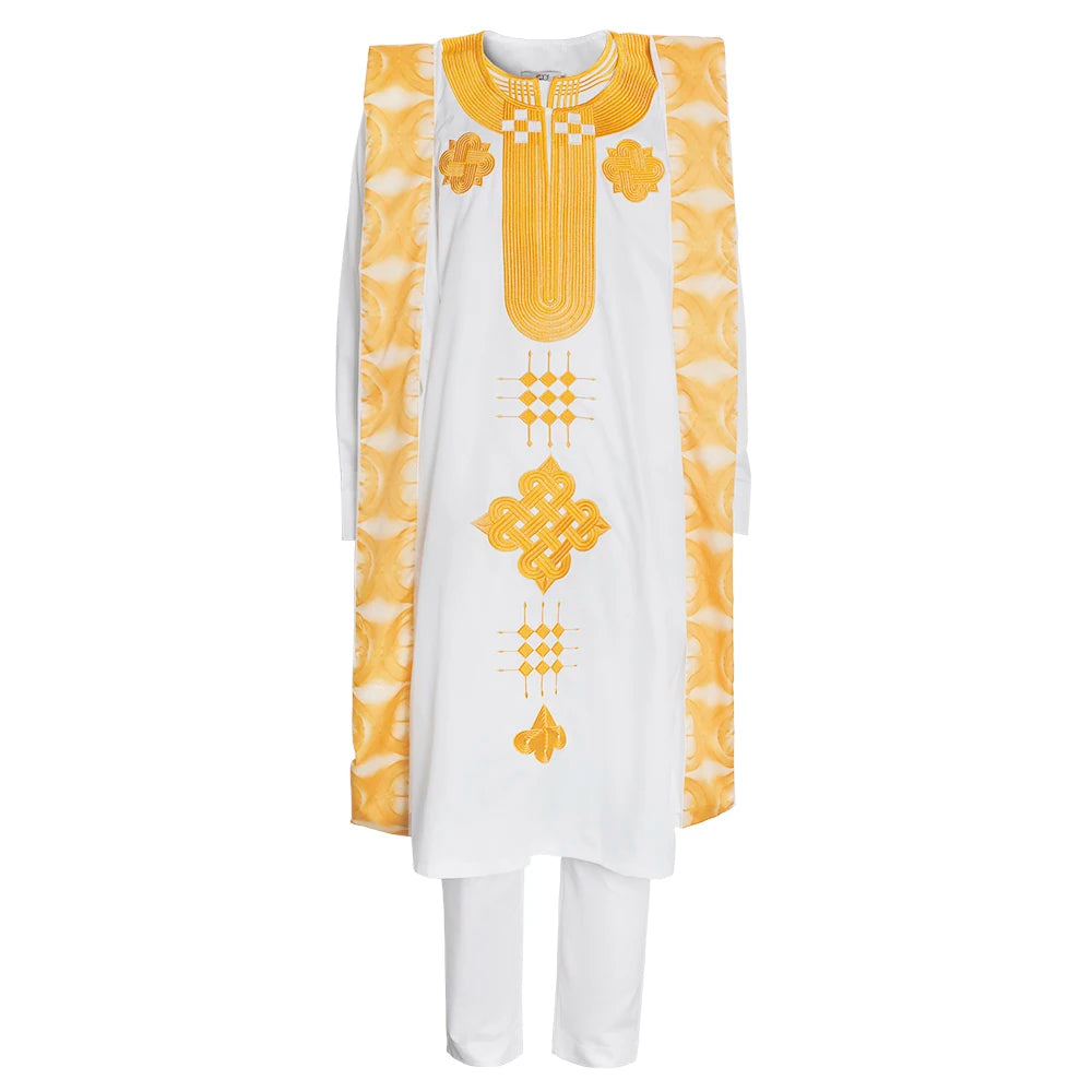 New African Clothes for Men Dashiki Tradition Outfit Robe Embroidery White Tops Pants Suits Bazin Muslim Wedding Party Clothing