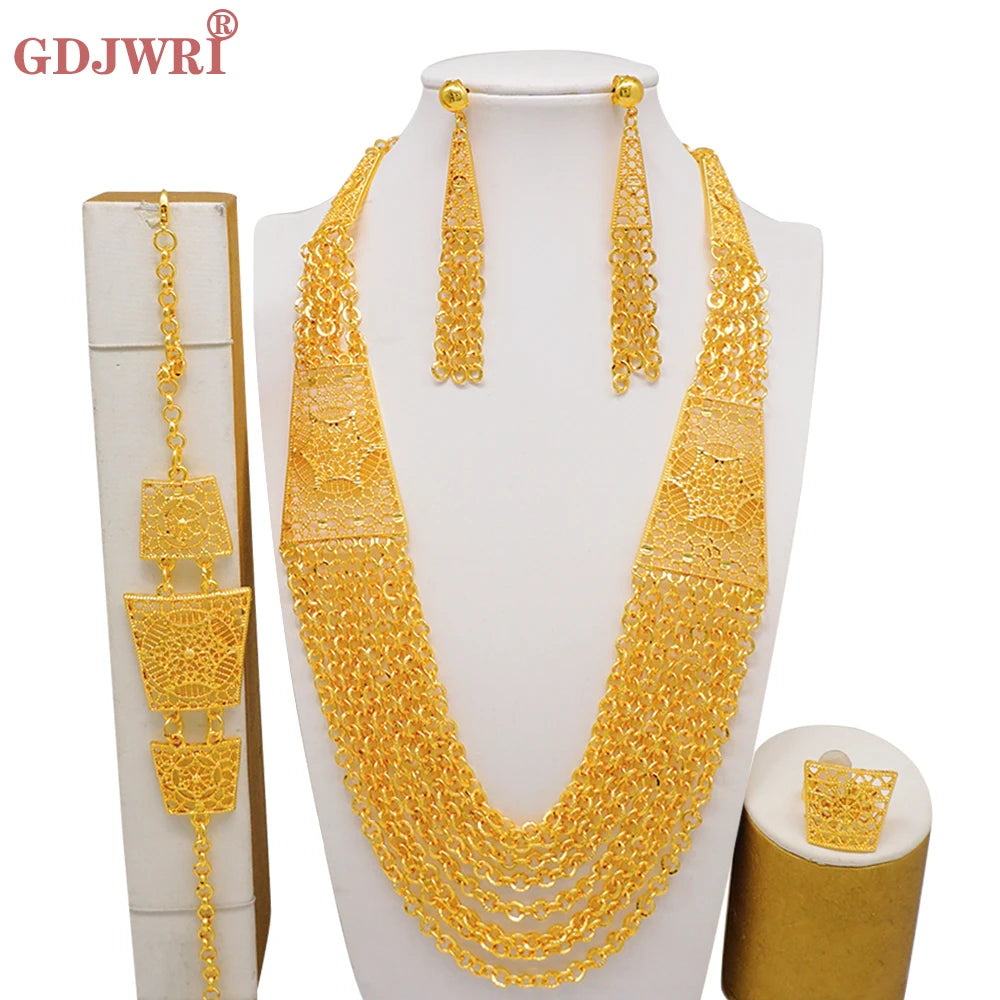 Dubai Gold Color Jewelry Set For Woman Bridal Nigerian African Long Chain Necklace Earrings Bracelet Ring Jewellery Set