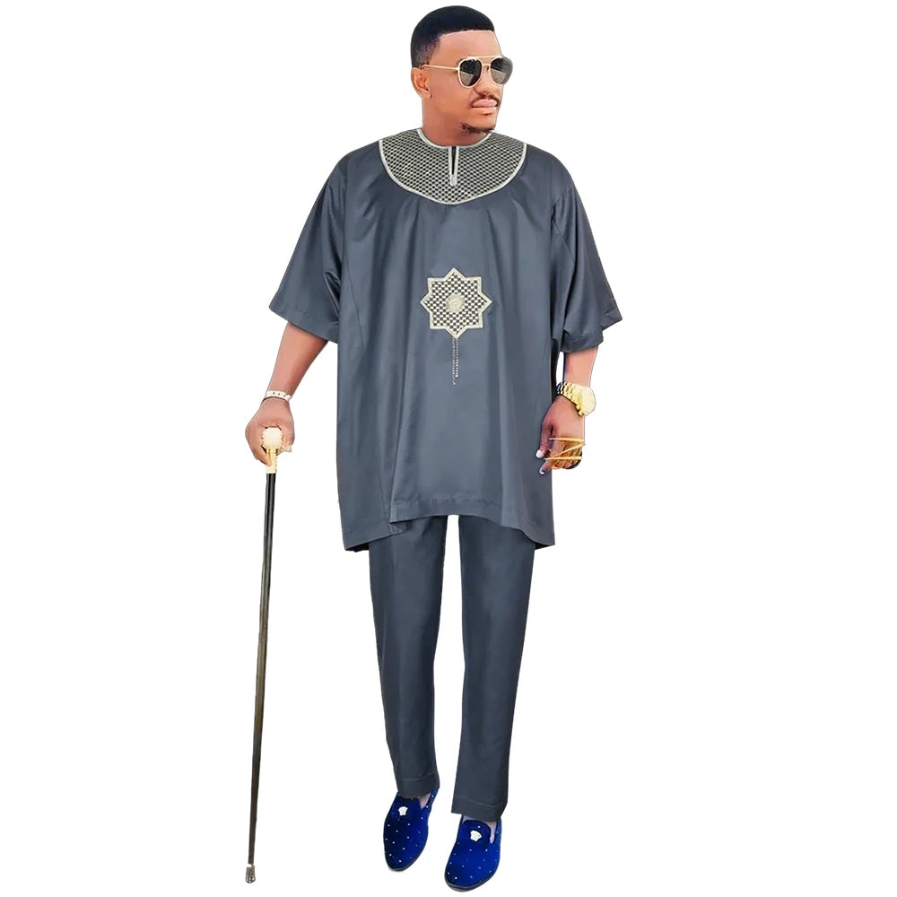 H&D African Clothes for Men 2 Pieces Set Elue Embroidered Tops and Pants Traditional Clothing Rich Bazin Original Wedding Party