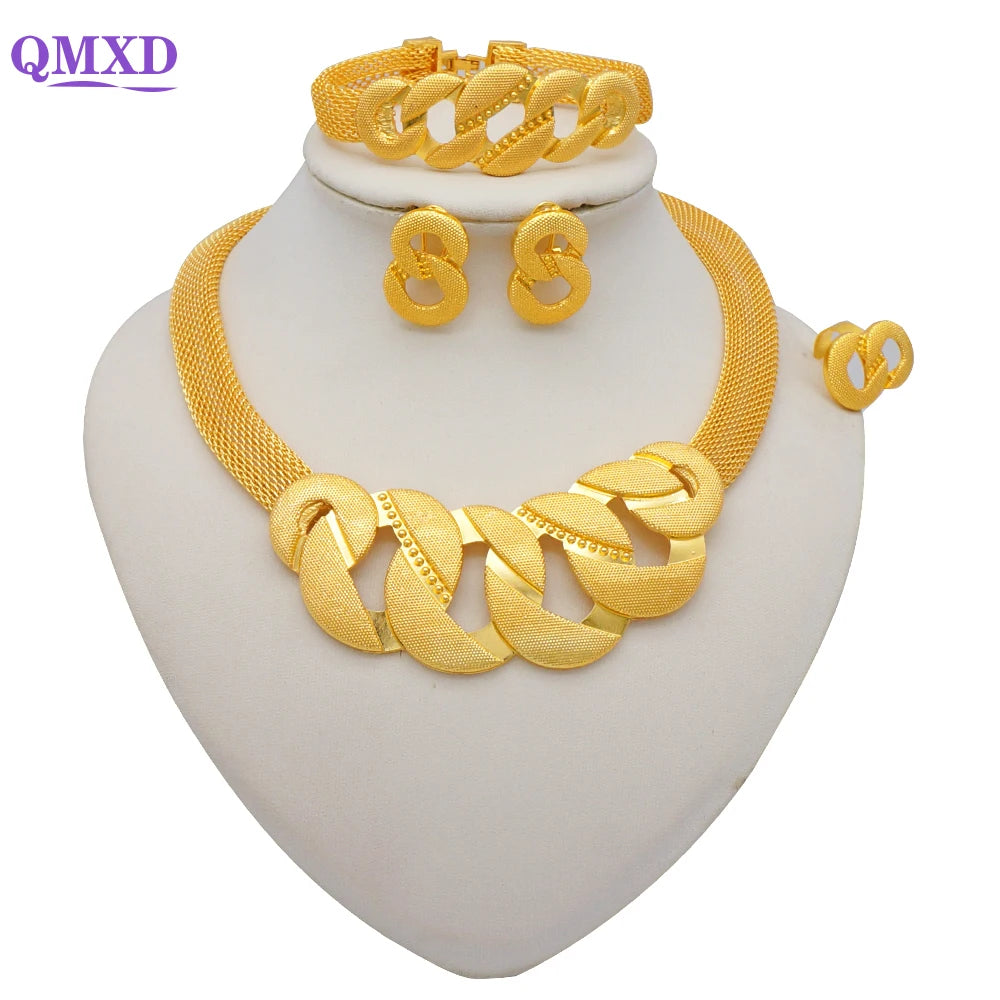 Trendy Nigerian Dubai Gold Color Jewelry Set For Women Tassel Long Chain Bridal Long Necklace Bracelet Earring Ring Wedding Sets