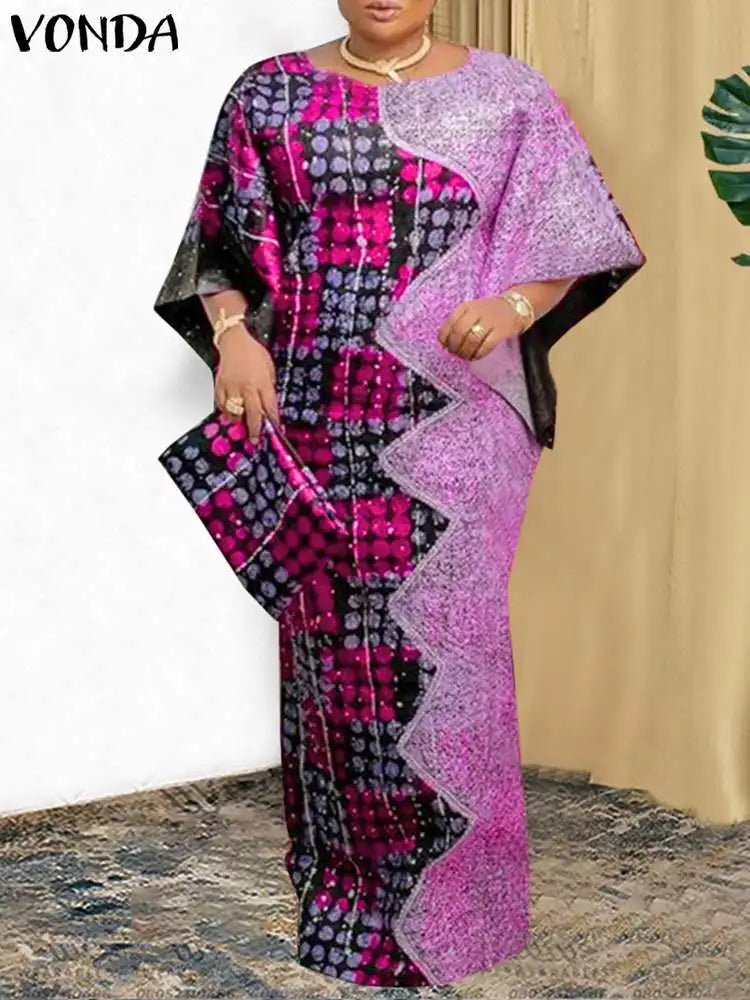 Plus Size VONDA Women Party Dress 2024 Bohemian Printing Sundress Casual Loose 3/4 Sleeve Robe Vintage Bat-wing Sleeve Vestidos