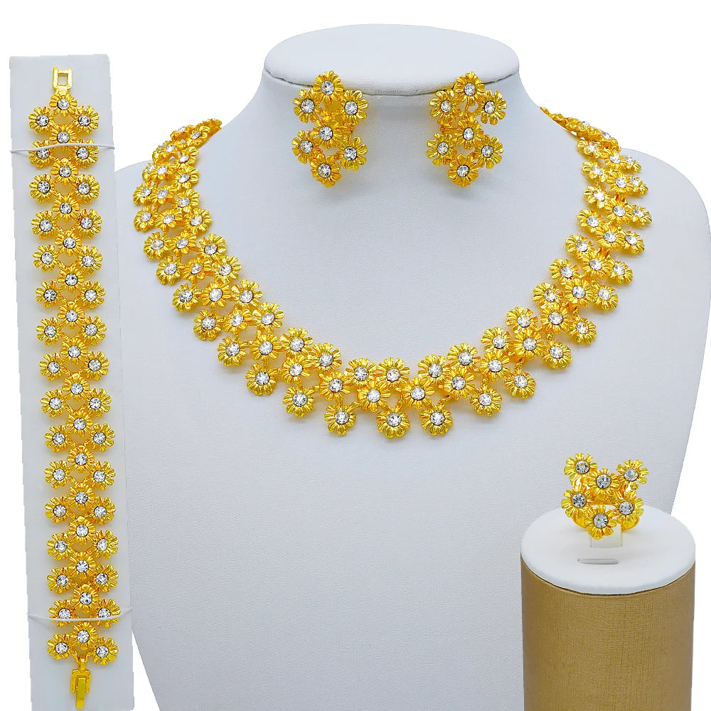 Nigeria Dubai Gold Color Fine Flowers Jewelry Sets African Wedding Gifts Party For Women Bracelet Necklace Earrings Ring Set
