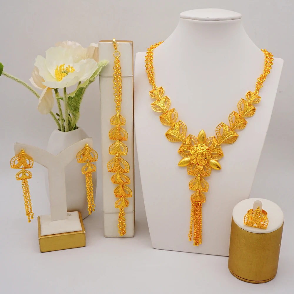 Trendy Nigerian Dubai Gold Color Jewelry Set For Women Tassel Long Chain Bridal Long Necklace Bracelet Earring Ring Wedding Sets