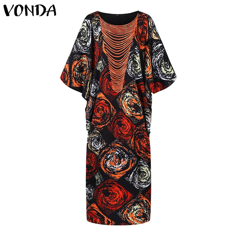 Plus Size VONDA Women Foral Printed Maxi Dress 2024 Causal Puff Sleeve Round Neck Bohemian Long Sundress Holiday Eelgant Vestido
