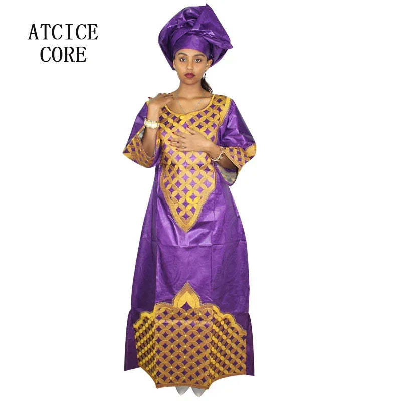 African Dress For Woman Bazin Riche Embroidery Design Long Dress With Scarf