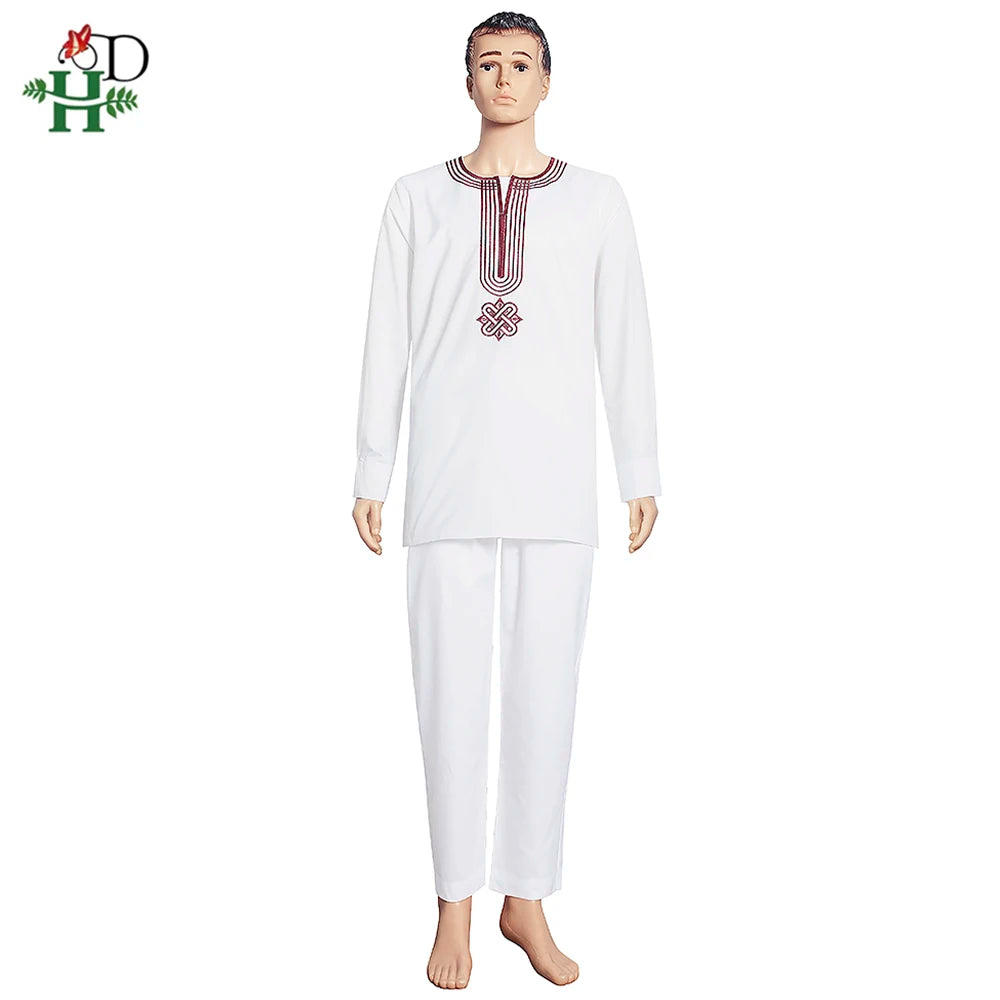 H&D Embroidered Dashiki Agbada Men African Traditional Clothes Ankara Outfit Cover Shirt Pants 3 PCS Suit Muslim Sets