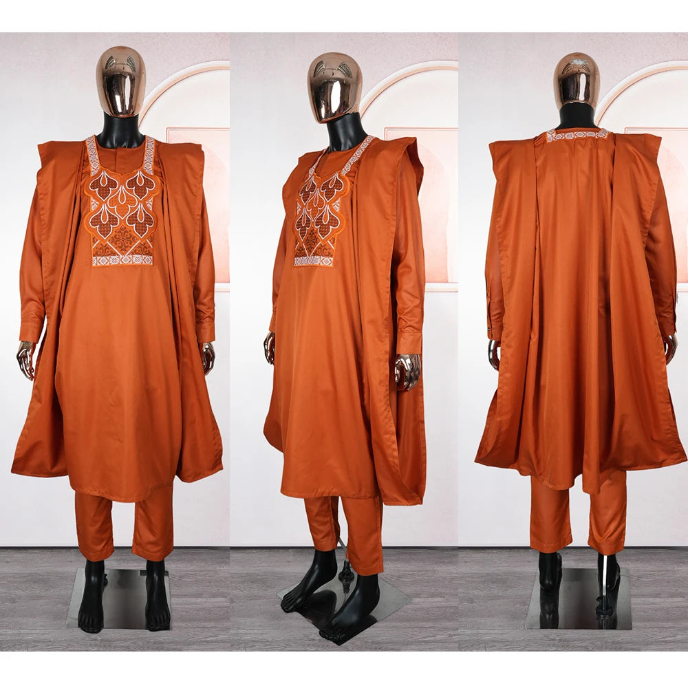 MD 2025 African Boubou Men Agbada 3 pieces Set Orange Dashiki Mens Shirt Pants Suit Embroidered Clothes Wedding Tops Pants Suit