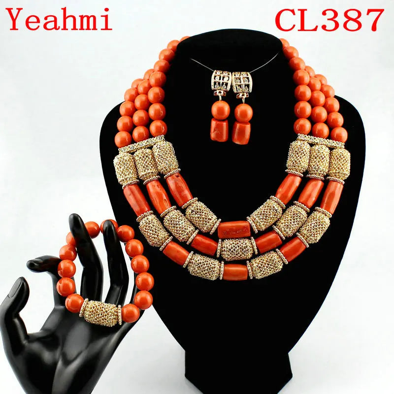 Fashion Nigerian Coral Beads Necklace Earrings Set for Bride New African Wedding Jewelry Set