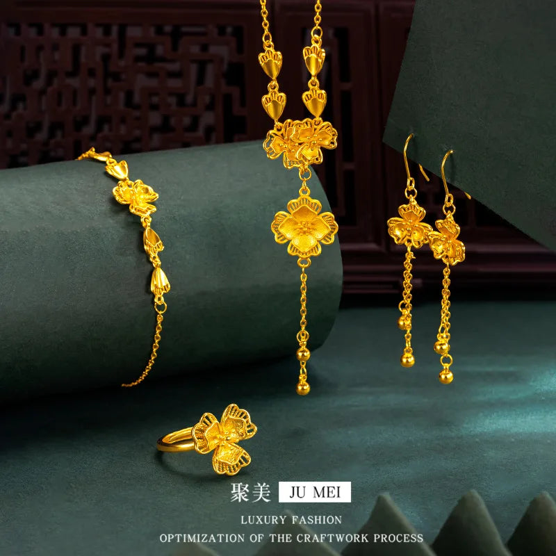 Luxury 24K 9999 Pure Gold real gold Gold Store Same Petal Tassel Lilac Set Chain Bracelet Women's Engagement Ring Bracelet