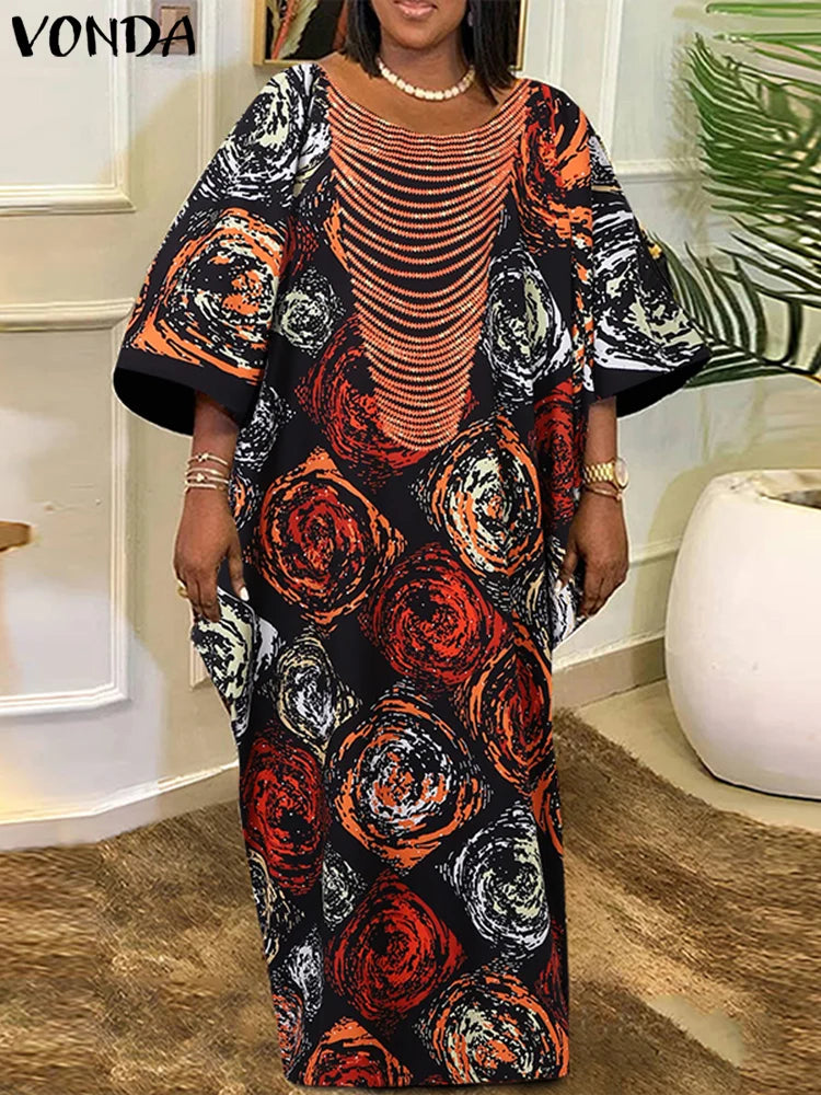 Plus Size VONDA Women Foral Printed Maxi Dress 2024 Causal Puff Sleeve Round Neck Bohemian Long Sundress Holiday Eelgant Vestido