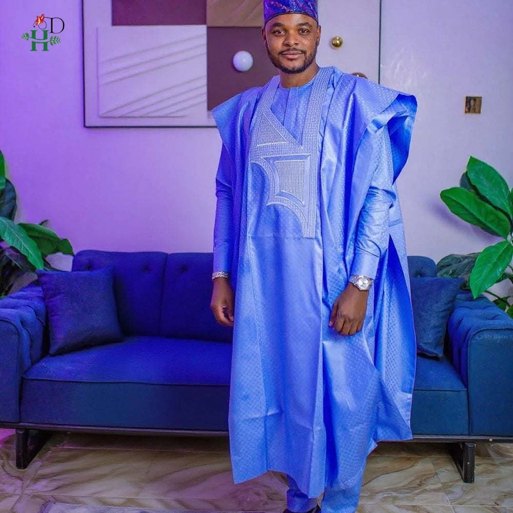 African Clothes Embroidery Blue Gown Plus Size For Men Elegant Party Wedding Thobe 3 PC Top and Pants Suits Set Daily Wear 2025