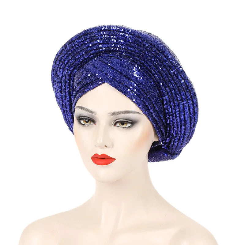African Already Made Hat Auto Gele Women Hijab Headtie Nigeria Wedding Party Gele Female Head Wraps Headpiece Sequin Turban Caps