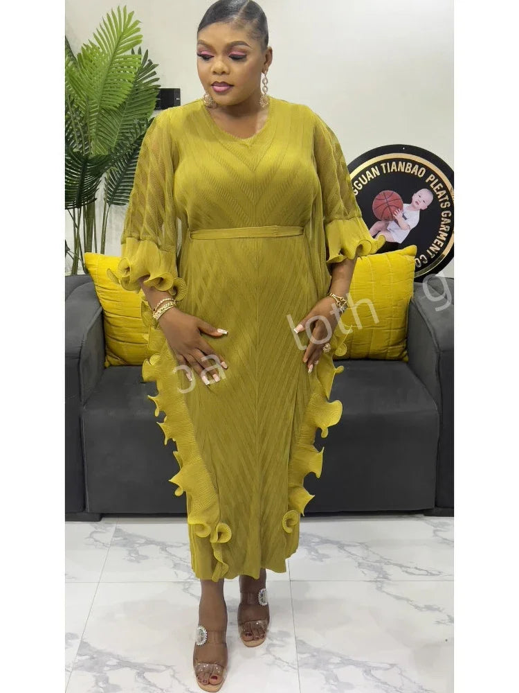 ANLAN Ruffles Pleated Dress Women V Neck Hanging Loose Style Dresses with Belt Female Elegant Clothing Spring 2025 New 2AN9083