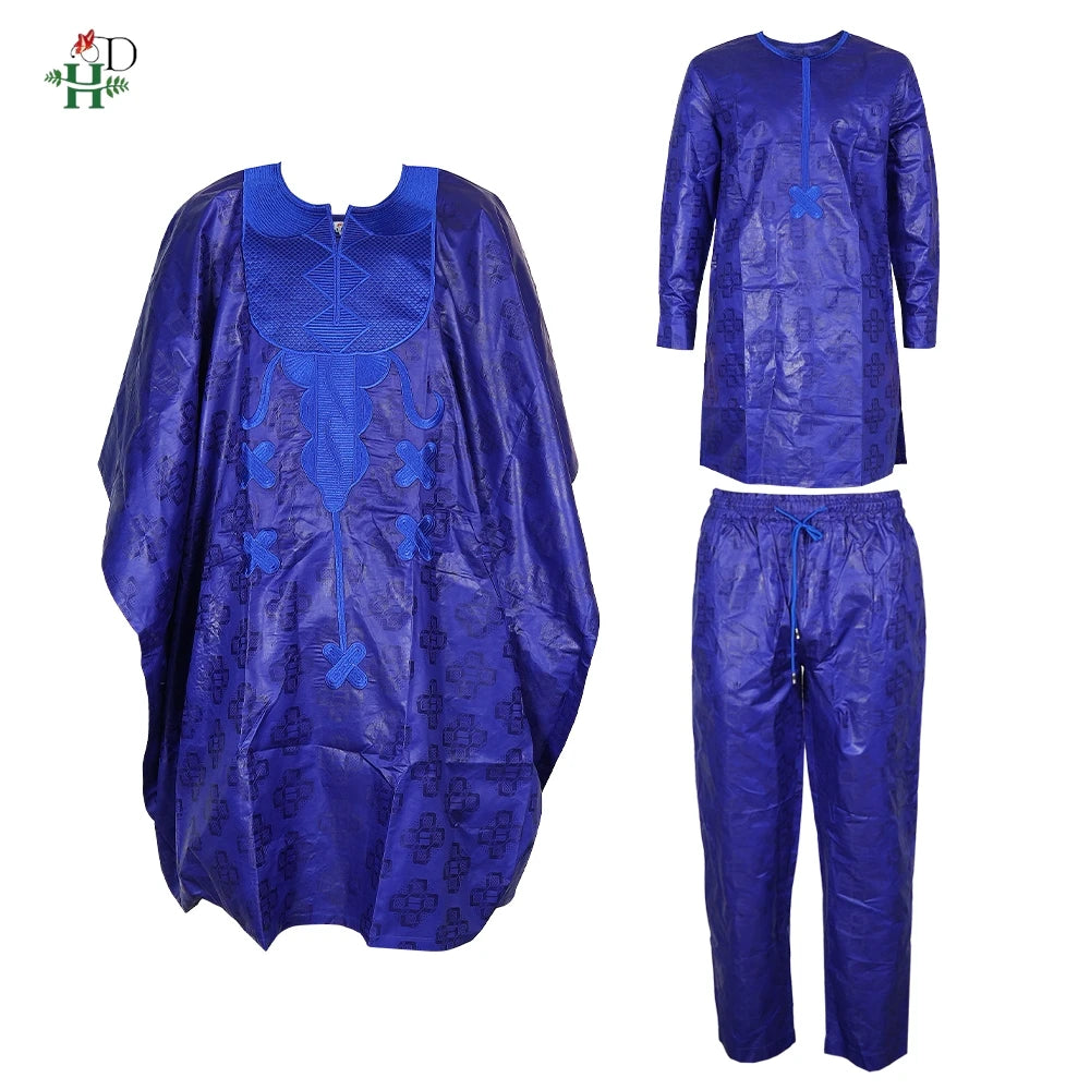 H&D African Clothing Traditional 3PCS African Outfit For Man Blue Bazin Riche Agbada Embroidered Wedding Party Robe Plus Size