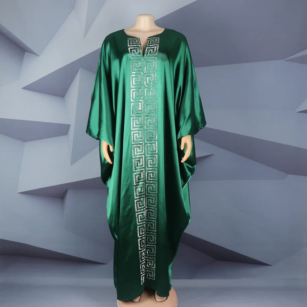 2025 High Quality African Women Plus Size Dress Bat Sleeve V Neck Robes Diamond Dashiki Maxi Dresses Muslim Femme Elegant Abayas