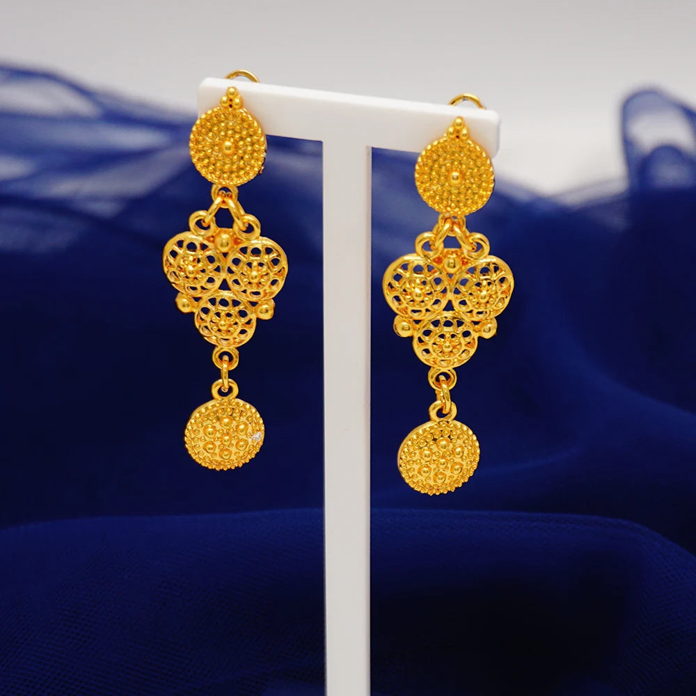 Trendy Nigerian Dubai Gold Color Jewelry Set For Women Tassel Long Chain Bridal Long Necklace Bracelet Earring Ring Wedding Sets