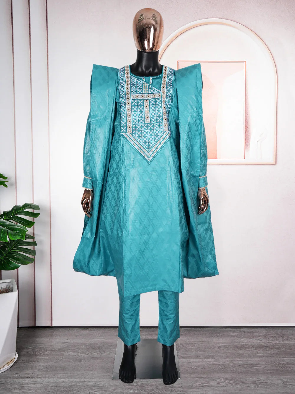 H&D South African Traditional Wear Formal Attire Bazin Riche Dashiki Green Shirt Pants Robe Suit Agbada Men's wedding party 2024
