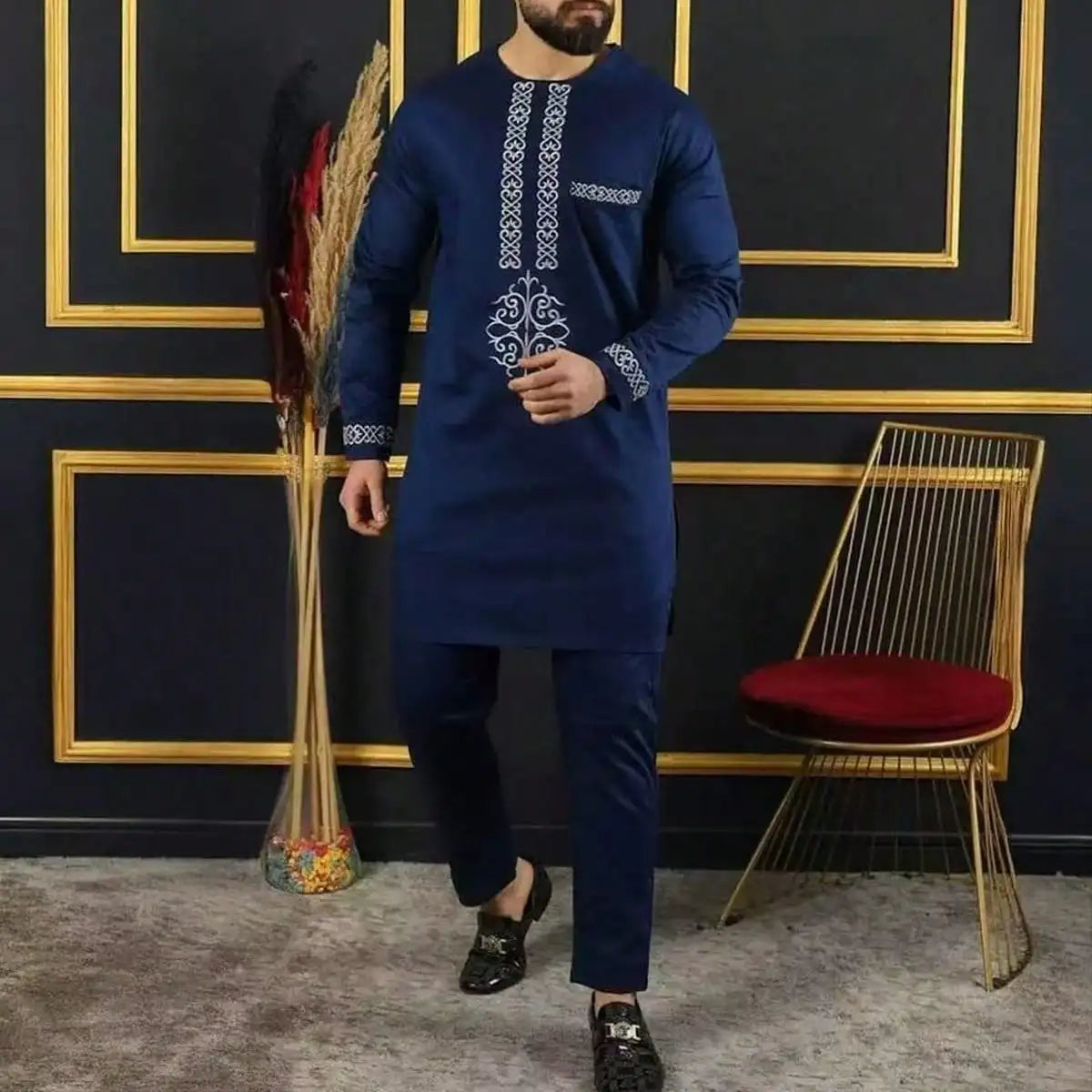 New Men's Tenos Wedding 2-Piece Suit Waist Pants Shirt Solid Color Panel Long Sleeve Party African Ethnic Style Clothing (M-4XL)