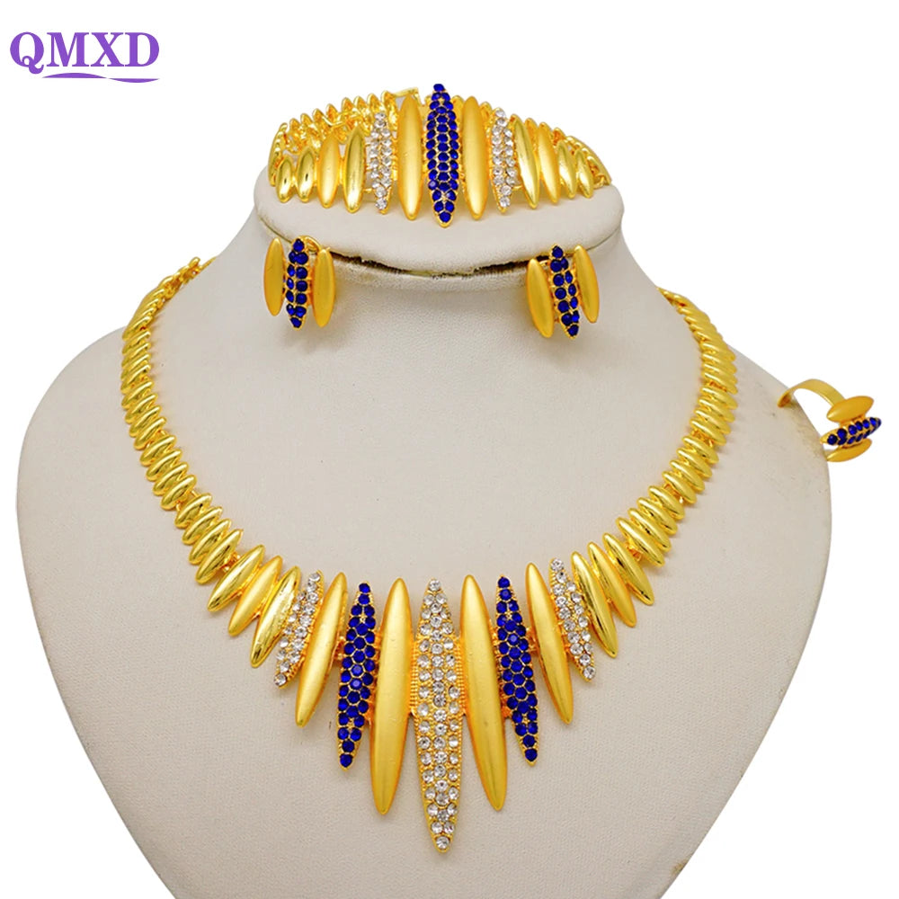 Trendy Nigerian Dubai Gold Color Jewelry Set For Women Tassel Long Chain Bridal Long Necklace Bracelet Earring Ring Wedding Sets