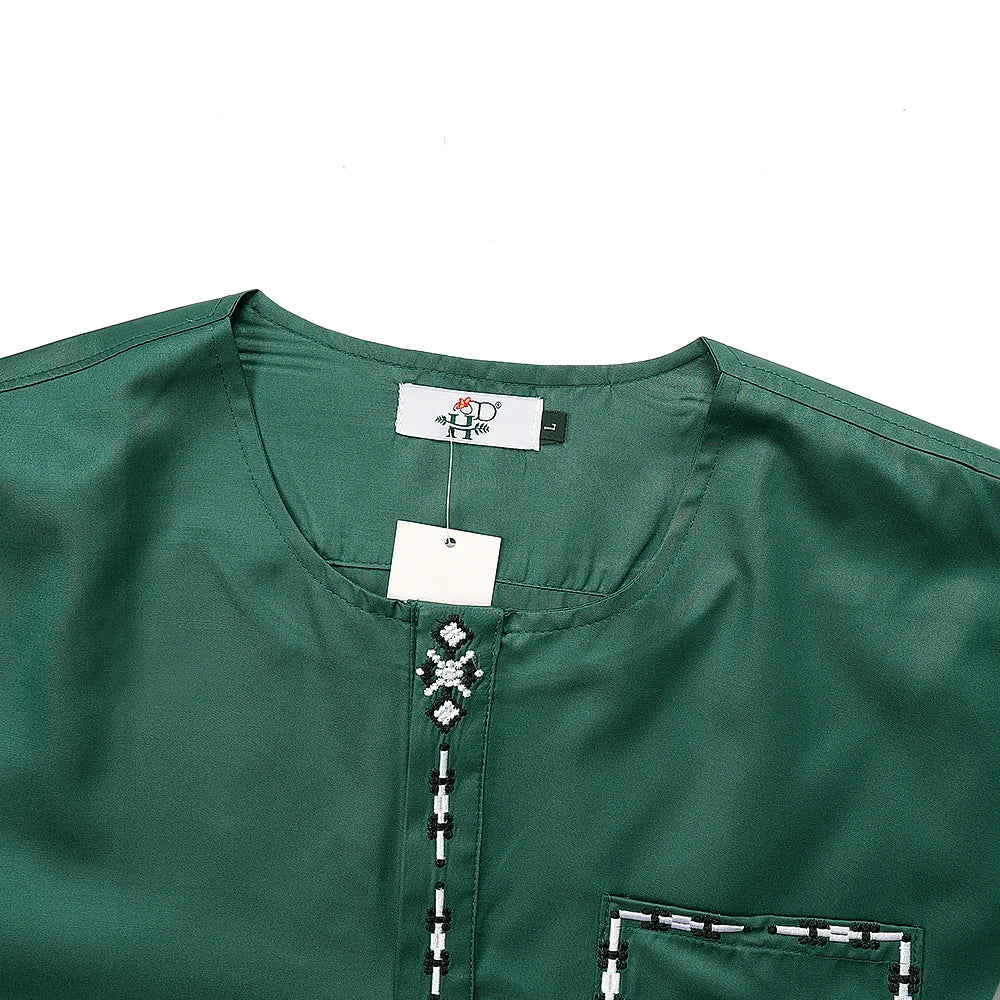 H&D 2025 African Nigerian Fashion Men Green Traditional Outfits Muslim Thobe Suit Complete Print 2 PCS Clothing Ramadan Sets