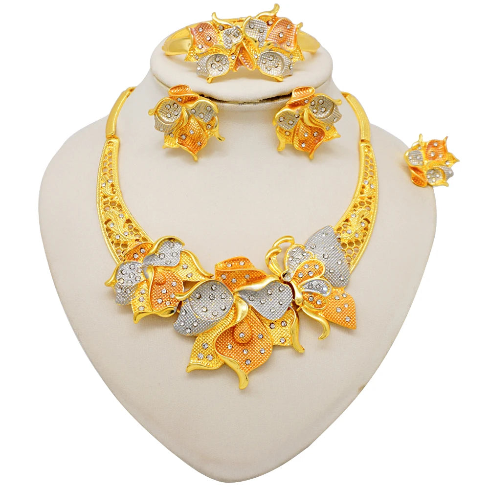 Nigeria Dubai Gold Color Fine Flowers Jewelry Sets African Wedding Gifts Party For Women Bracelet Necklace Earrings Ring Set