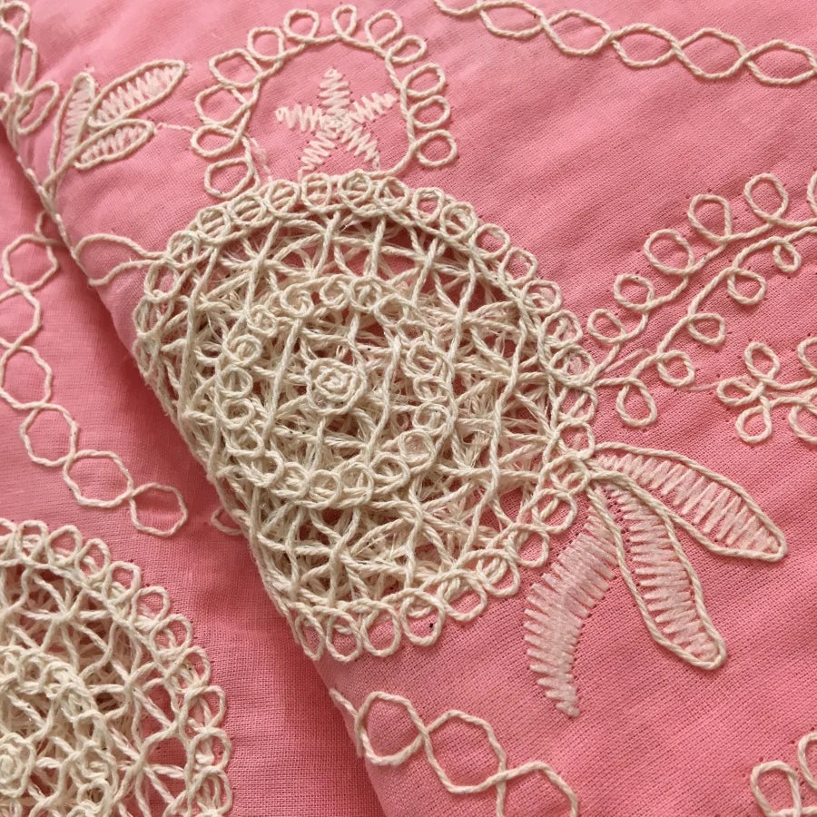 Blush Pink Swiss Voile Lace Fabric | Delicate White Rosette Bouquets & Filigree Tendrils | Petal-Hem Luxury Couture  S4371