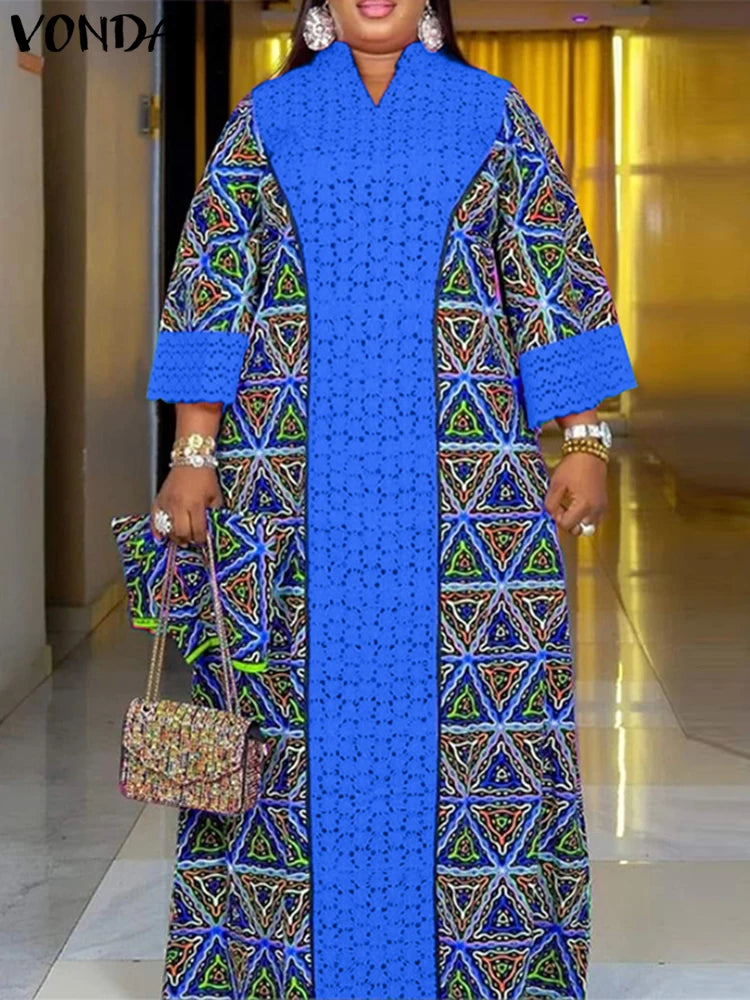 Women Floral Printed Maxi Dress 2025 VONDA Autumn Long Sleeve Loose Long Robe Bohemian Vestidos Oversize V-neck Sundress Baggy