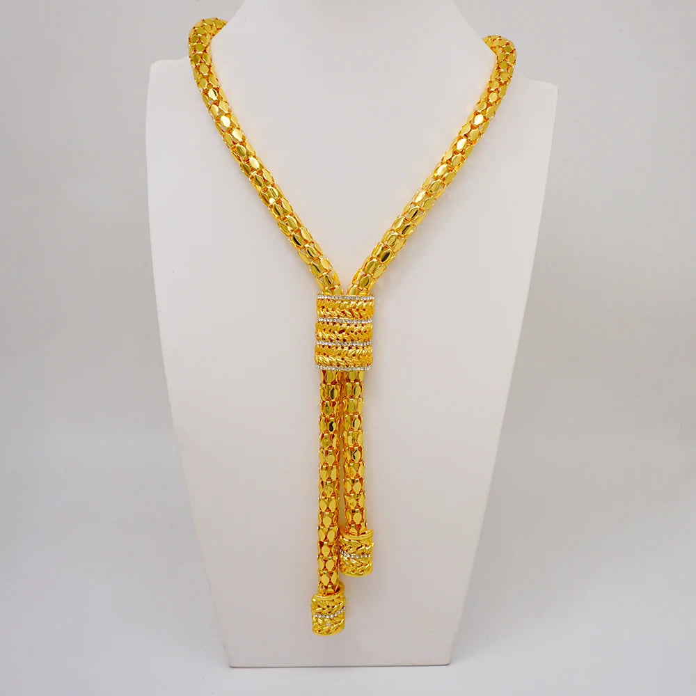 Trendy Nigerian Dubai Gold Color Jewelry Set For Women Tassel Long Chain Bridal Long Necklace Bracelet Earring Ring Wedding Sets