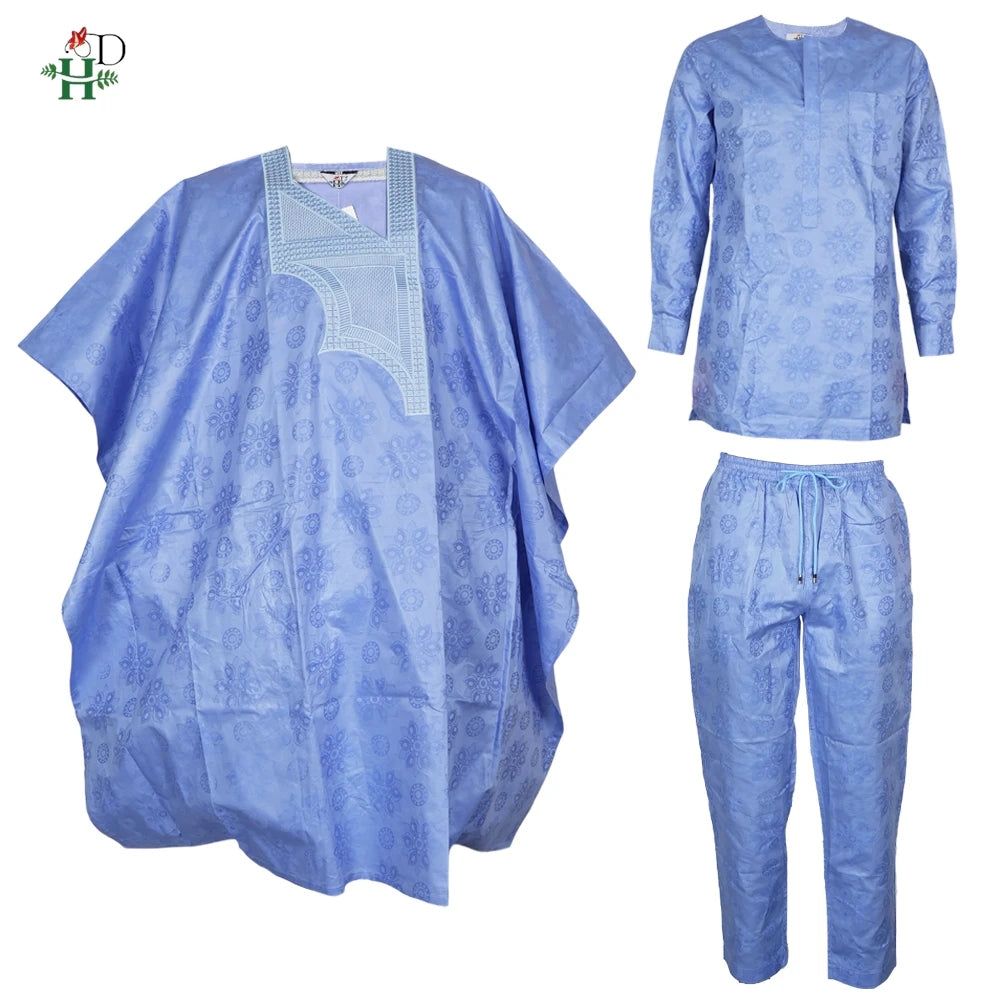 African Clothes Embroidery Blue Gown Plus Size For Men Elegant Party Wedding Thobe 3 PC Top and Pants Suits Set Daily Wear 2025