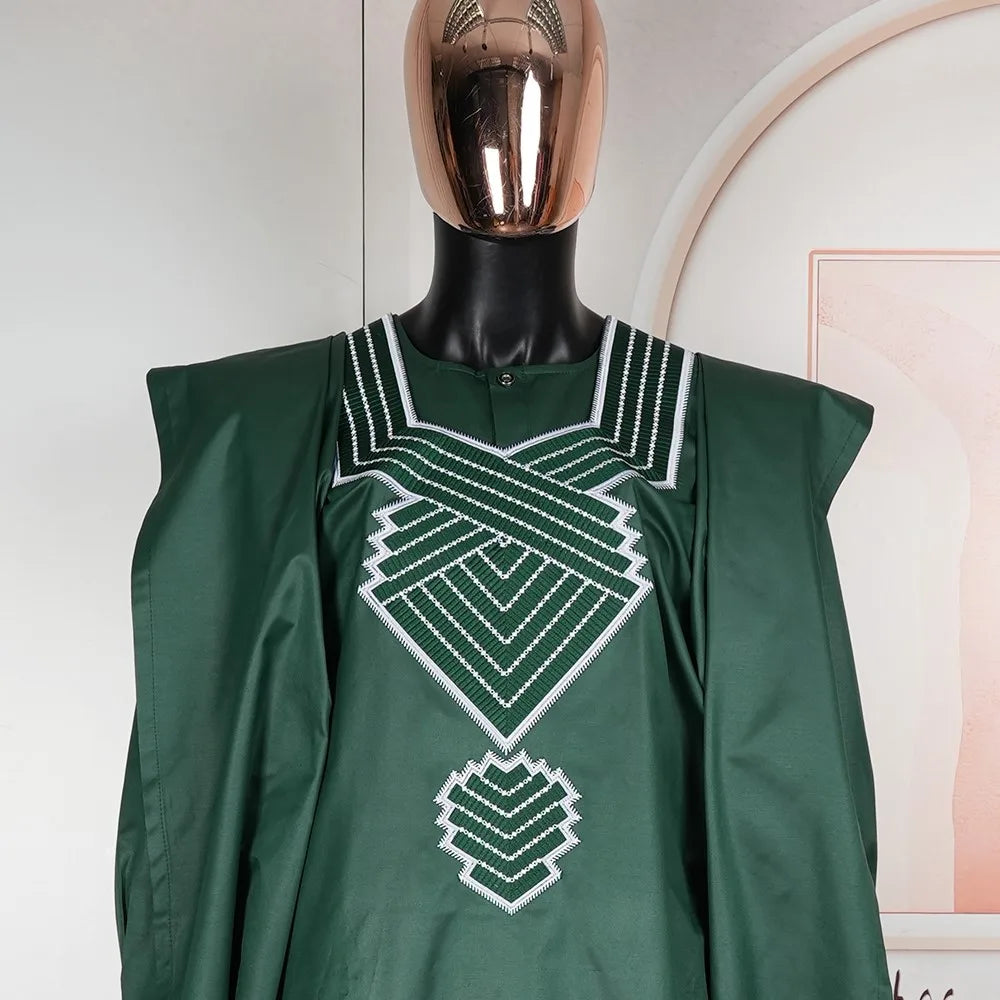 H&D African Clothes Plus Size For Men Elegant Party Wedding Thobe 3 PC Top and Pants Suits Set Daily Wear Embroidery Green Gown