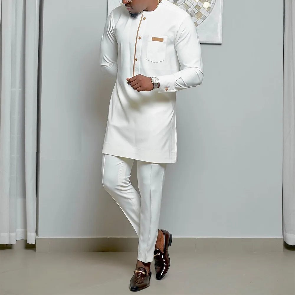 2023 New Arrival Summer Fashion Dashiki African Men Long Sleeve O-neck Polyester White Plus Size T-shirt M-4XL No Pant