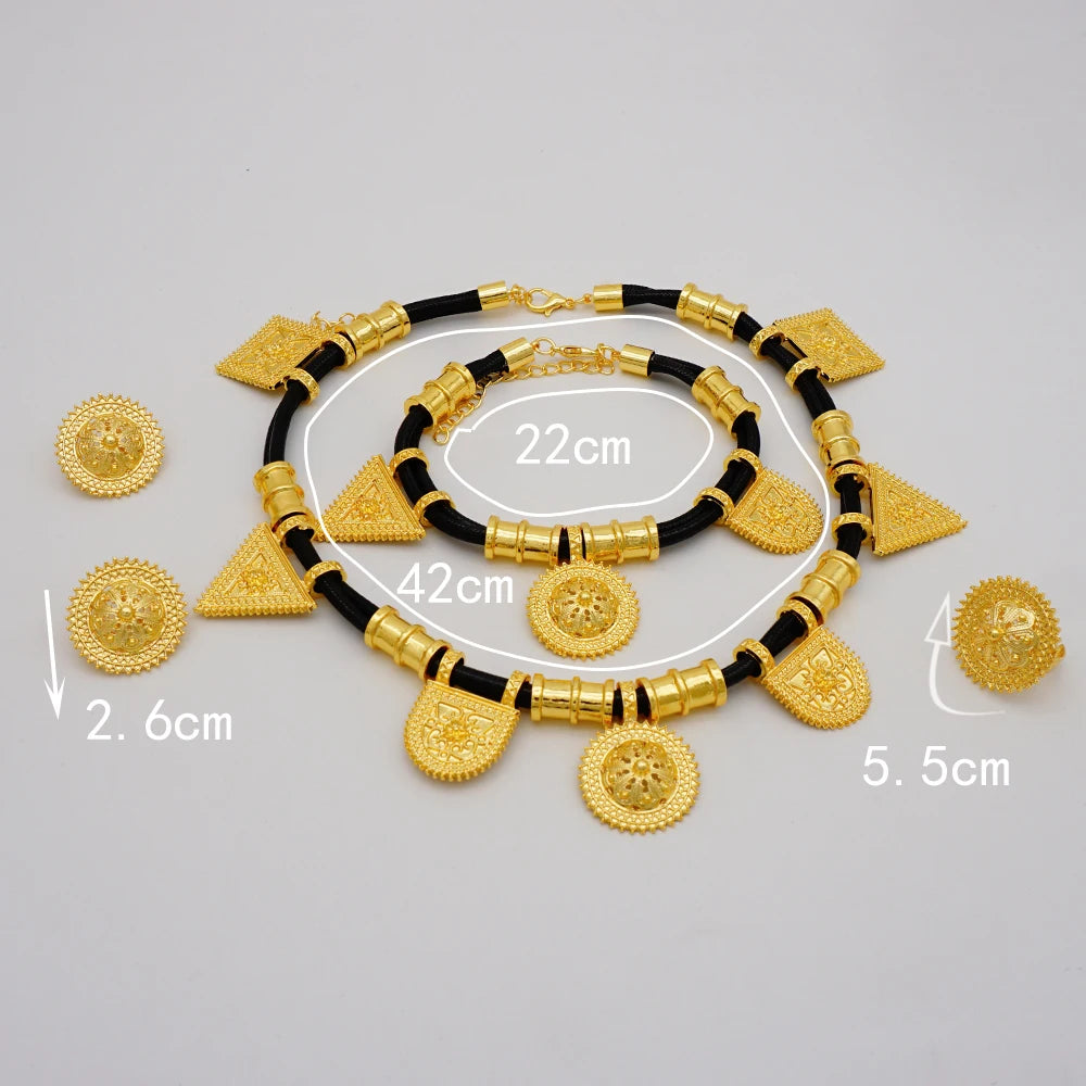 Nigeria Dubai Gold Color Fine Flowers Jewelry Sets African Wedding Gifts Party For Women Bracelet Necklace Earrings Ring Set