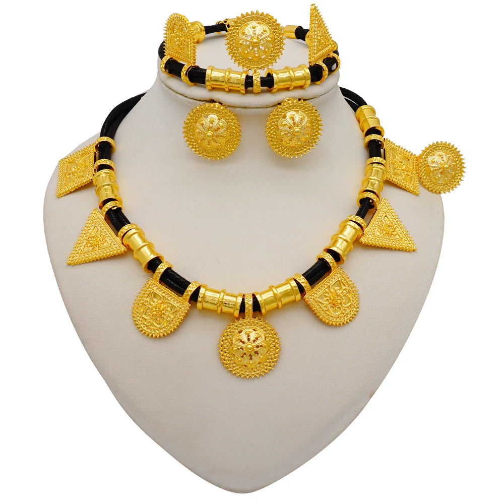 Necklace Sets For Women Dubai African Gold Color Jewelry Set Bride Earrings Rings Indian Nigerian Wedding Jewelery Set Gift