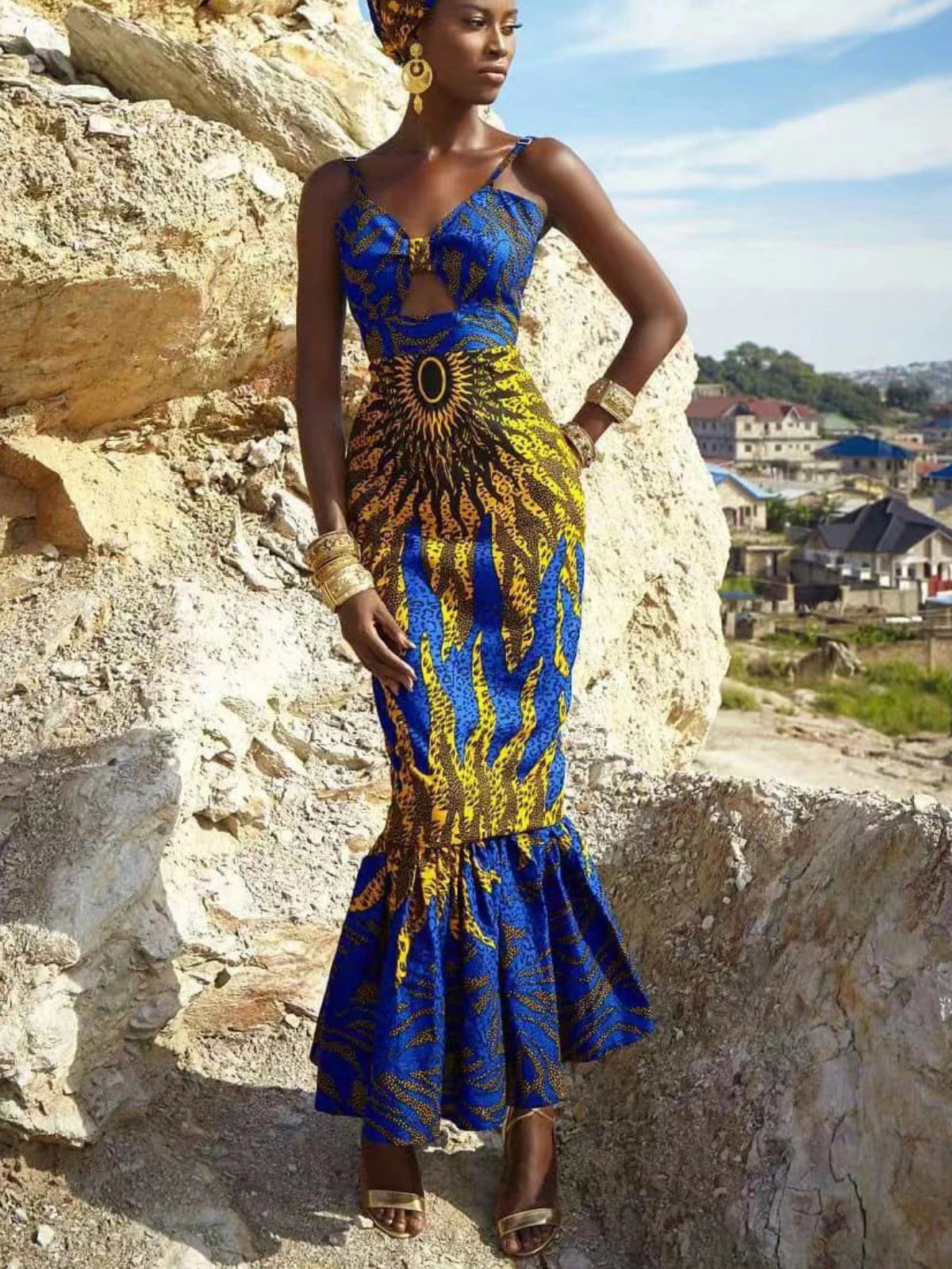 African Women's Clothing Bodycon Hollow Out Printed Dress Fishtail Suspenders Maxi Skirt Banquet Party Dress Slim Fit Hollow Out