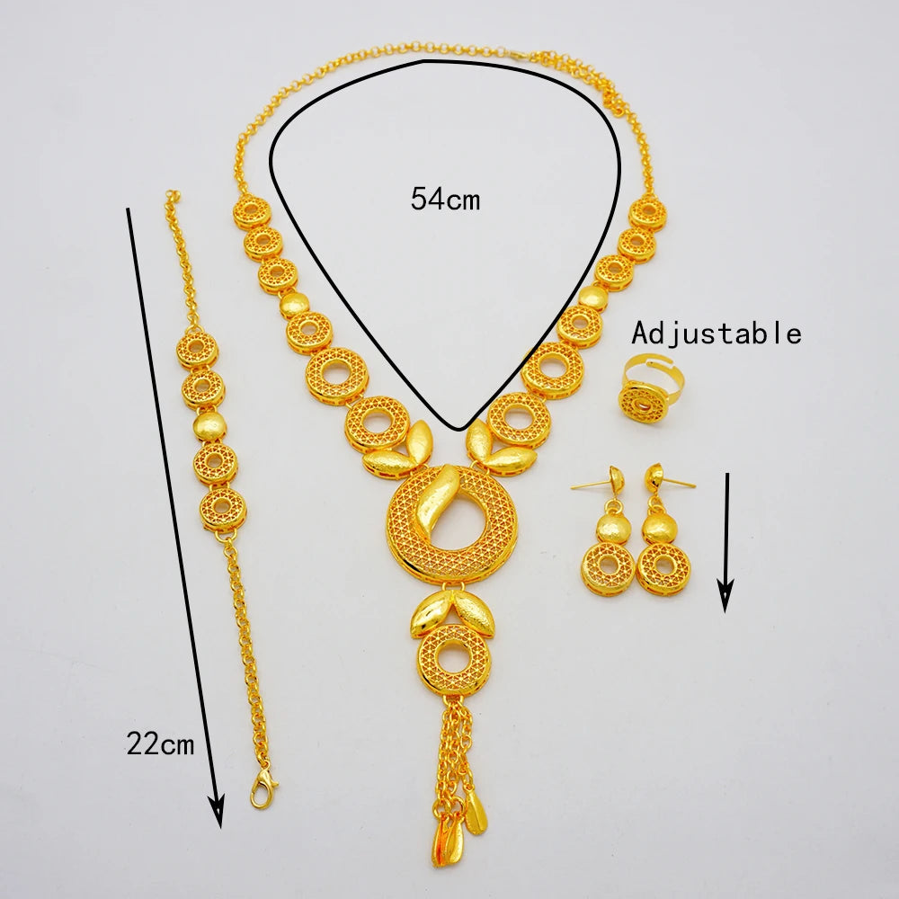 Arabic Women Gold Color Jewelry Sets Featured Round Pendant Earrings Rings Bracelets Suitable for Wedding Banquets Parties