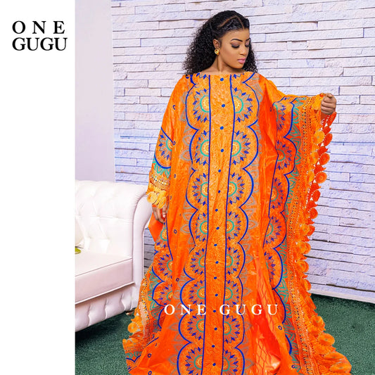 New Nigerian Original Bazin Dress Dashiki Brocade Embroiderey Basin Clothing 2022 Orange Mali Women Robe Wedding Party Dresses