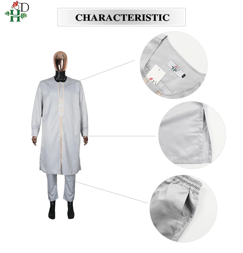 H&D African Agbada Robe Men 2 Pieces Set Embroidery Dashiki Shirt Africa Clothes Long Sleeve Cover Tops Pants Suit Robes Outfit