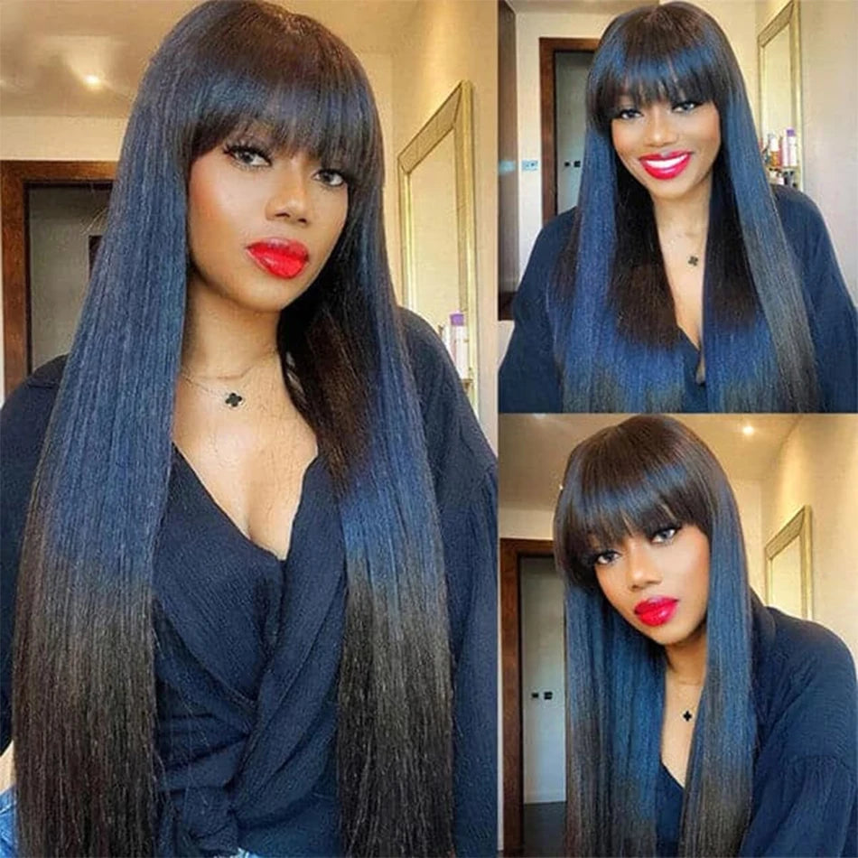 Silky Straight Human Hair Wigs With Bang Full Machine Made Wigs 8-30inch Natural Color AHJF Peruvian Remy Human Hair Wigs 180%