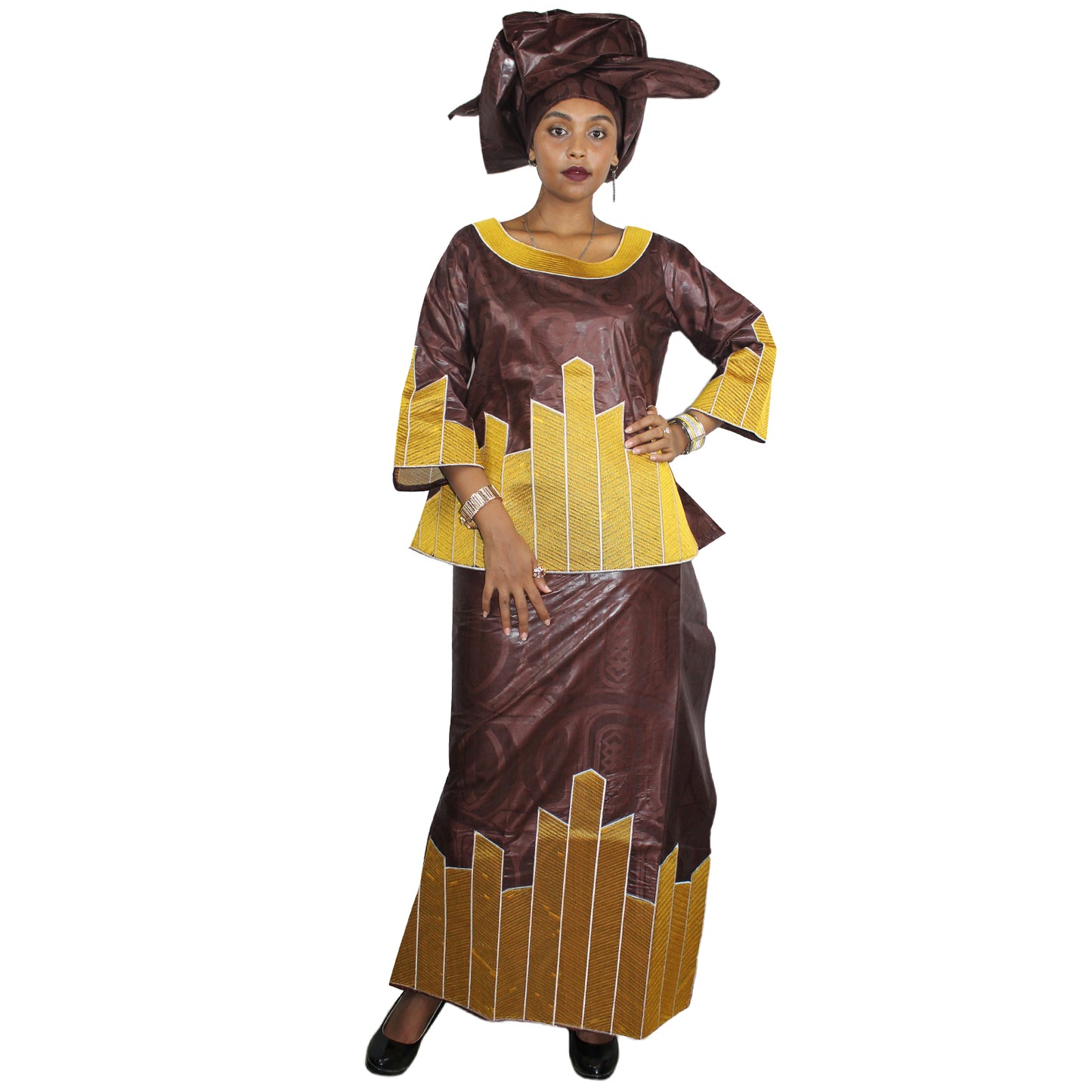 African Dresses For Women 3/4 Sleeve Top With Wrapper And Scarf 3pieces One Set 2 Size Smaller Than Us Size
