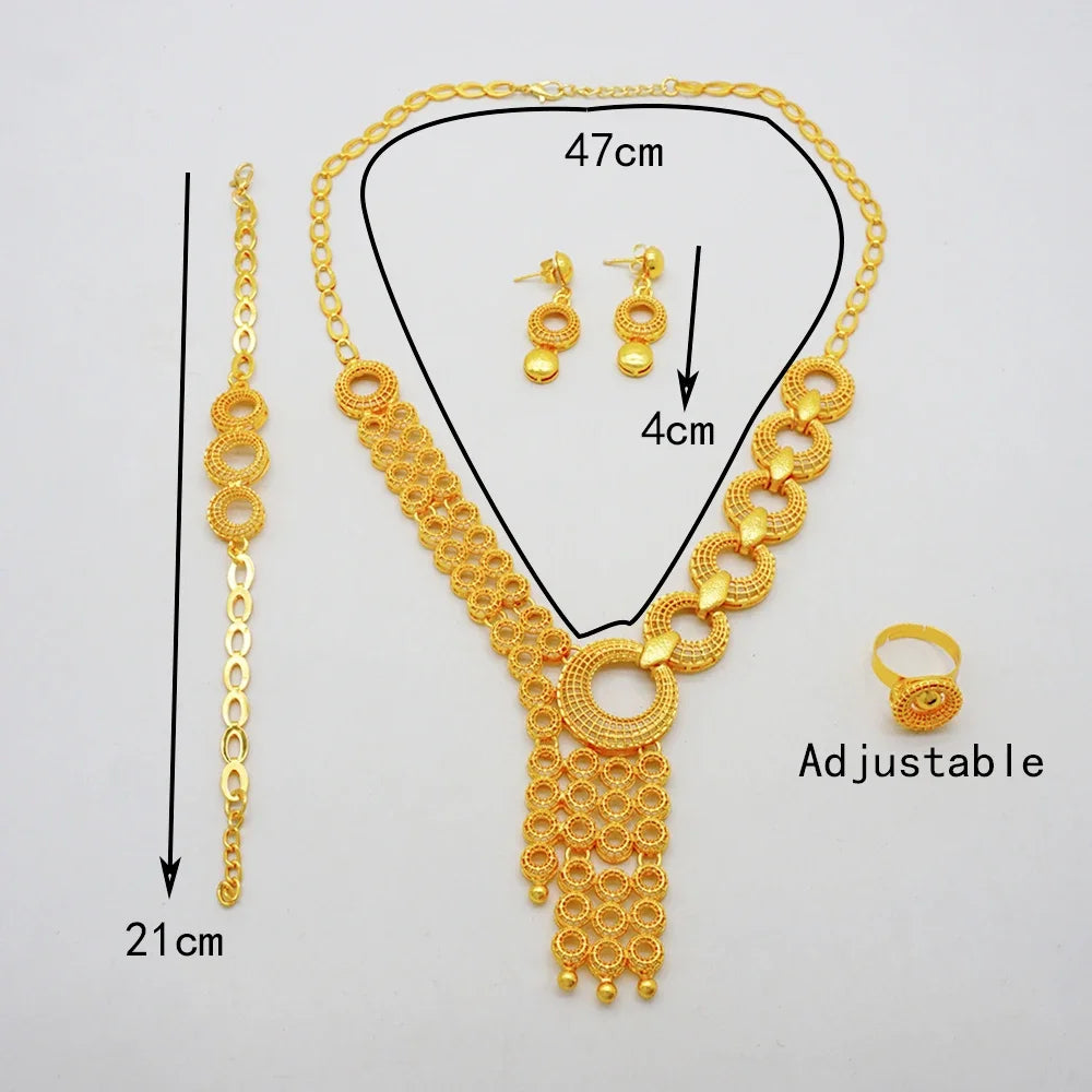 Arabic Women Gold Color Jewelry Sets Featured Round Pendant Earrings Rings Bracelets Suitable for Wedding Banquets Parties
